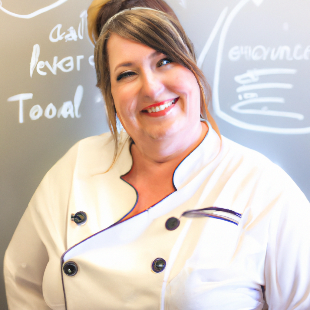 Portrait de Samira, pédagogue culinaire, devant un tableau blanc